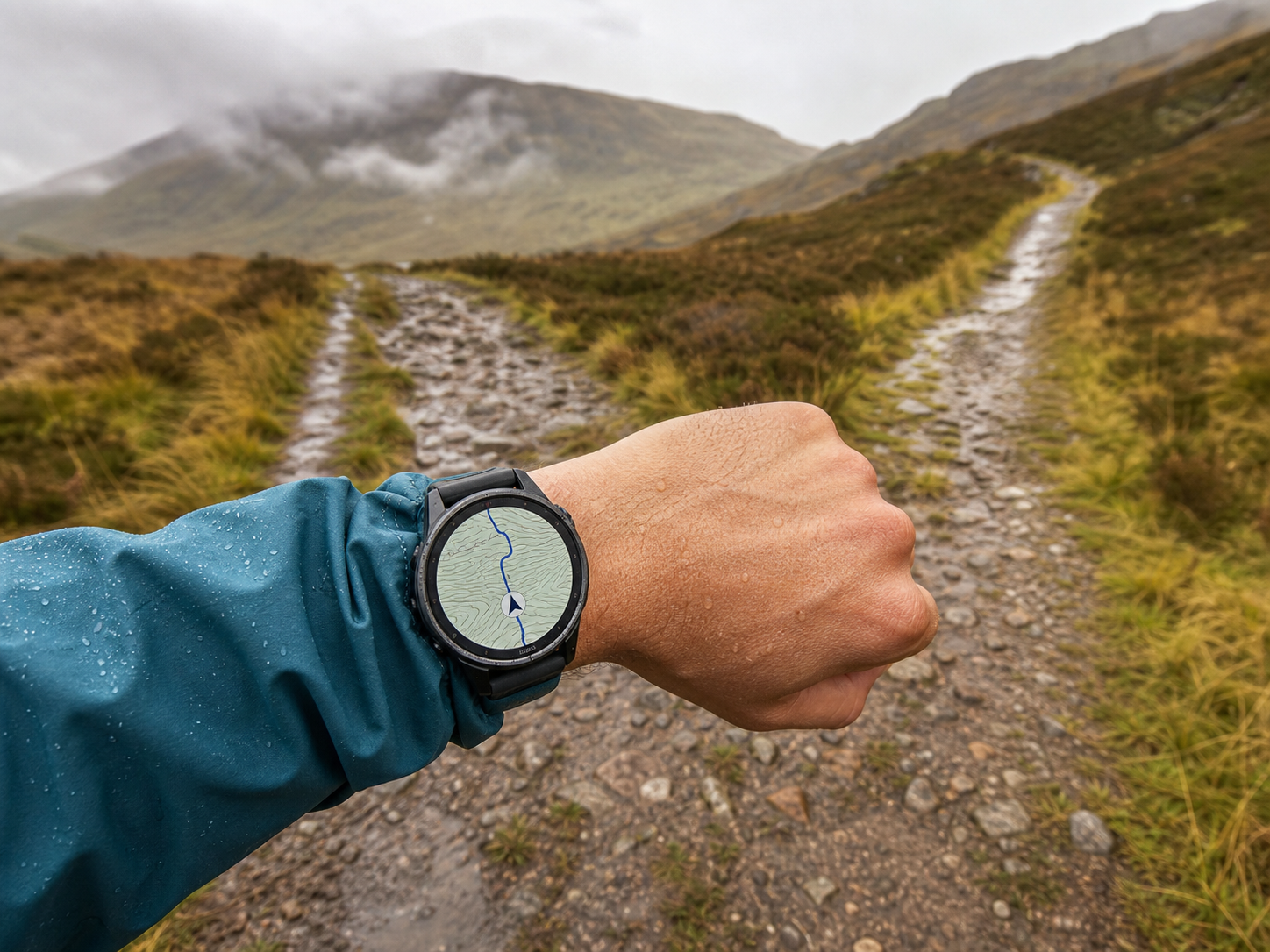 A walker checking a clear route line on their watch at a fork in a wet Highland path
