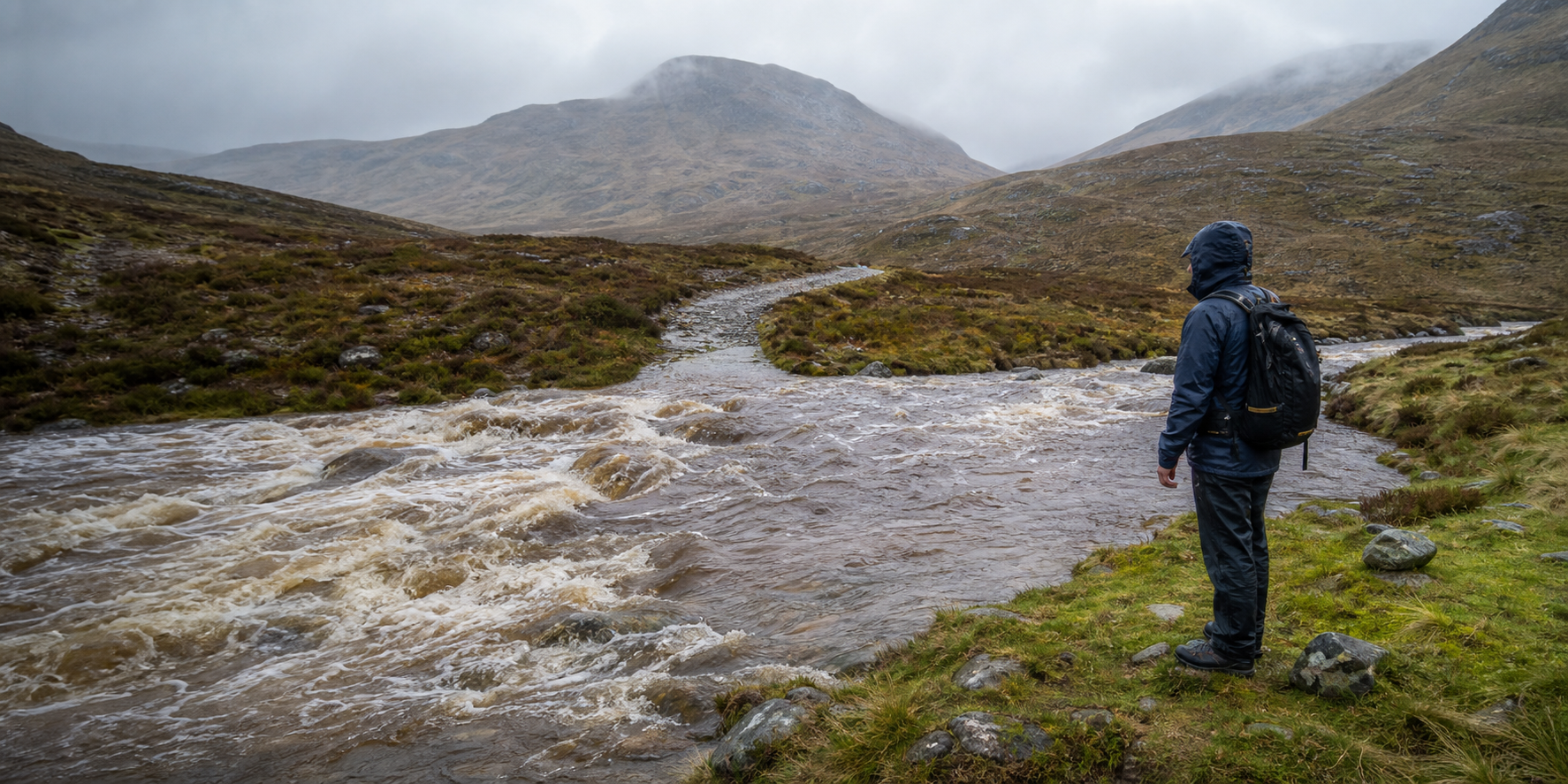 A hillwalker stopping safely beside a swollen Highland river covering the route after heavy rain