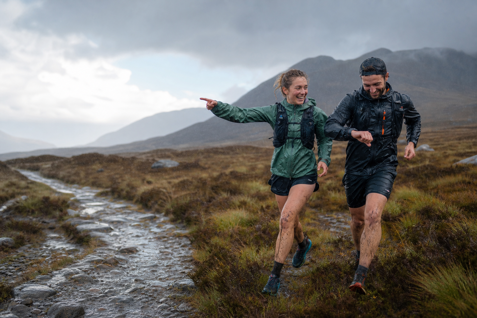 Two trail runners sharing a laugh and checking a watch on a wet mountain path